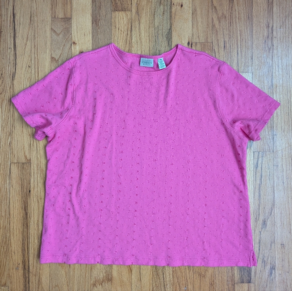 Vintage Classic Elements Pink Cotton Embroidered Short Sleeve Top